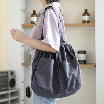 2023 Новая холщовая сумка Женская на шнурке через одно плечо, с несколькими карманами, Японская повседневная универсальная сумка большой емкости