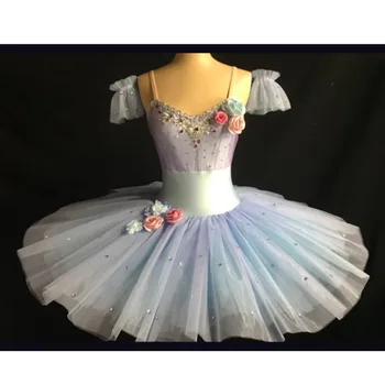 Профессиональная цветочная блинная пачка в форме колокола, сшитое на заказ светло-сине-фиолетовое балетное платье-пачка