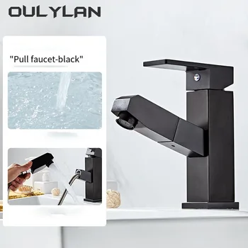 Смеситель для раковины Oulylan, установленный на столешнице, смеситель для горячей и холодной воды, Матовый черный выдвижной смеситель для раковины